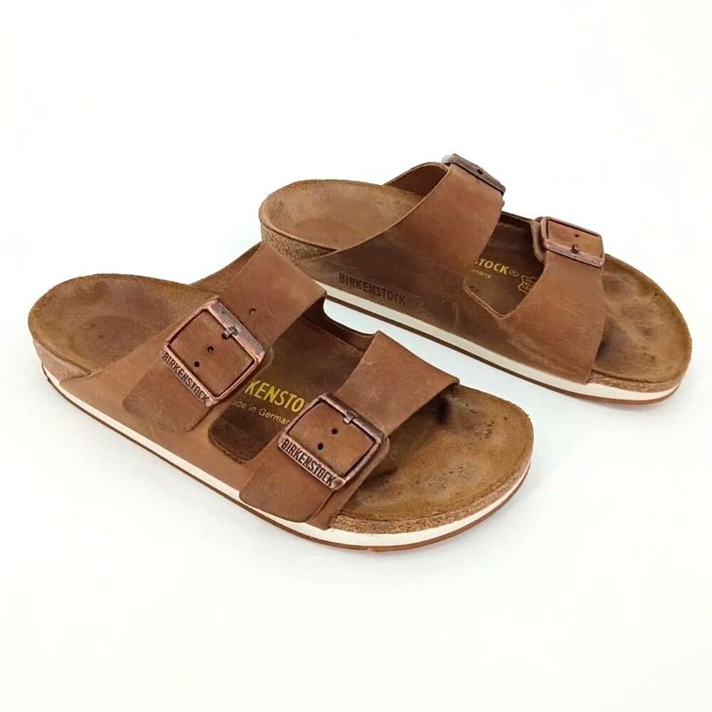 Birkenstock Arizona 37 Habana Brown Oiled Leather 2 Strap Sandals Made Germany